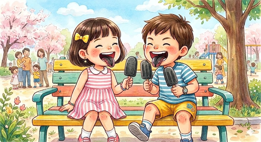 黒くなった舌を見せ合っている子供たちの画像