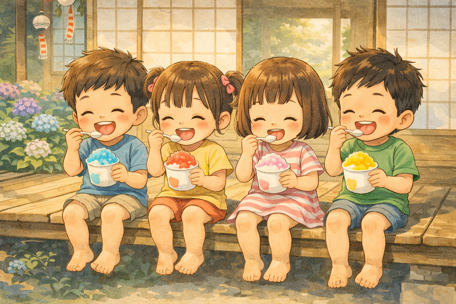 縁側でかき氷を食べてる子供たち