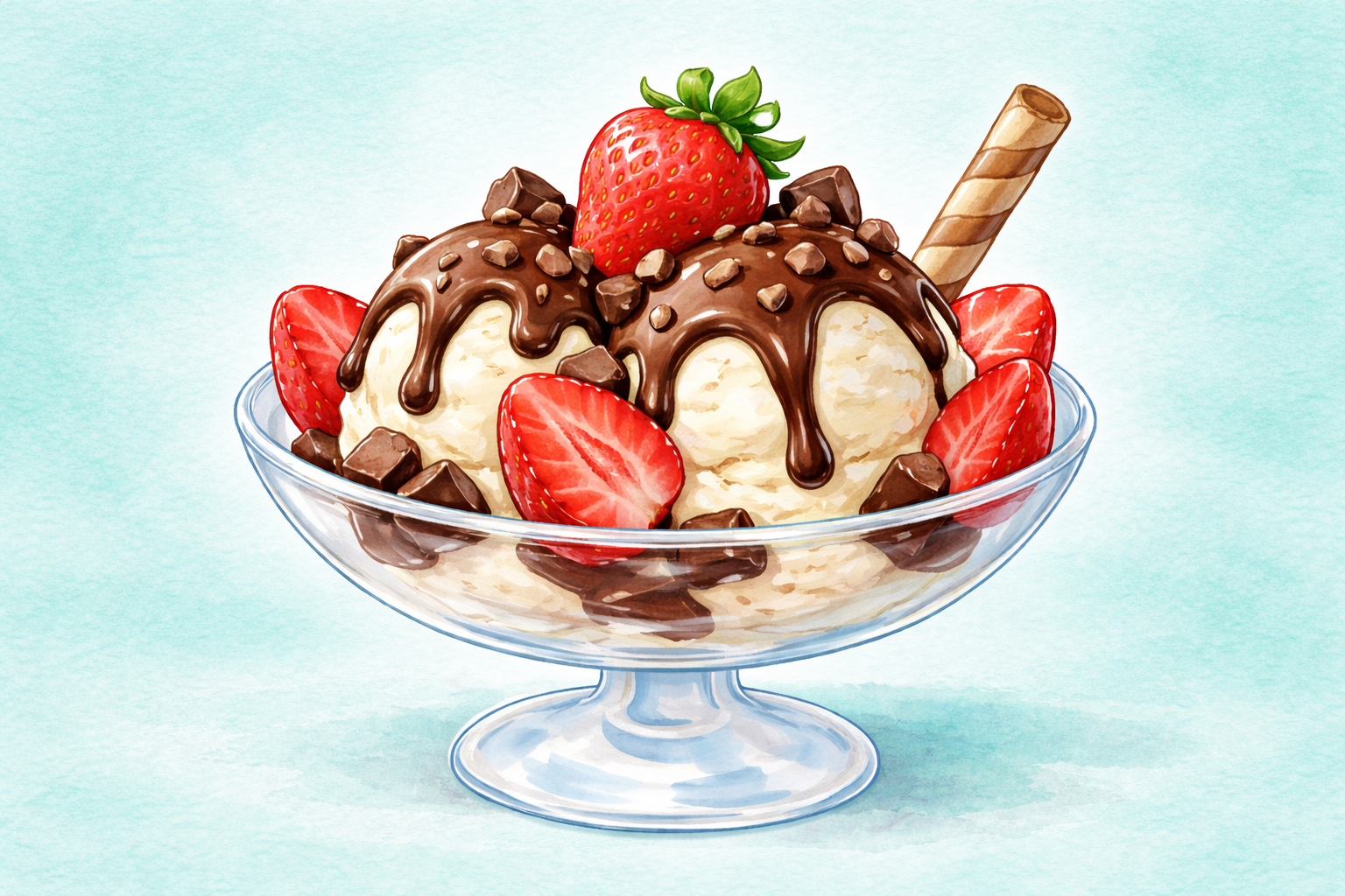 バニラアイスの上に苺とチョコソースがかかってる