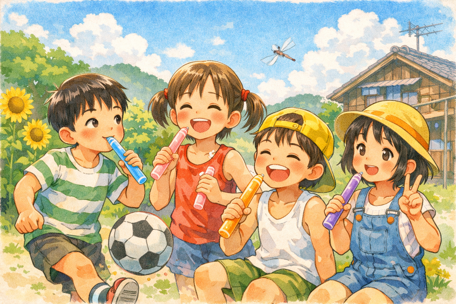 子供たちがチューペットを持って遊ぶ夏の風景