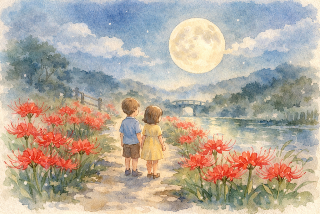 お化けが出そうな月夜の小道の水彩画風イラスト