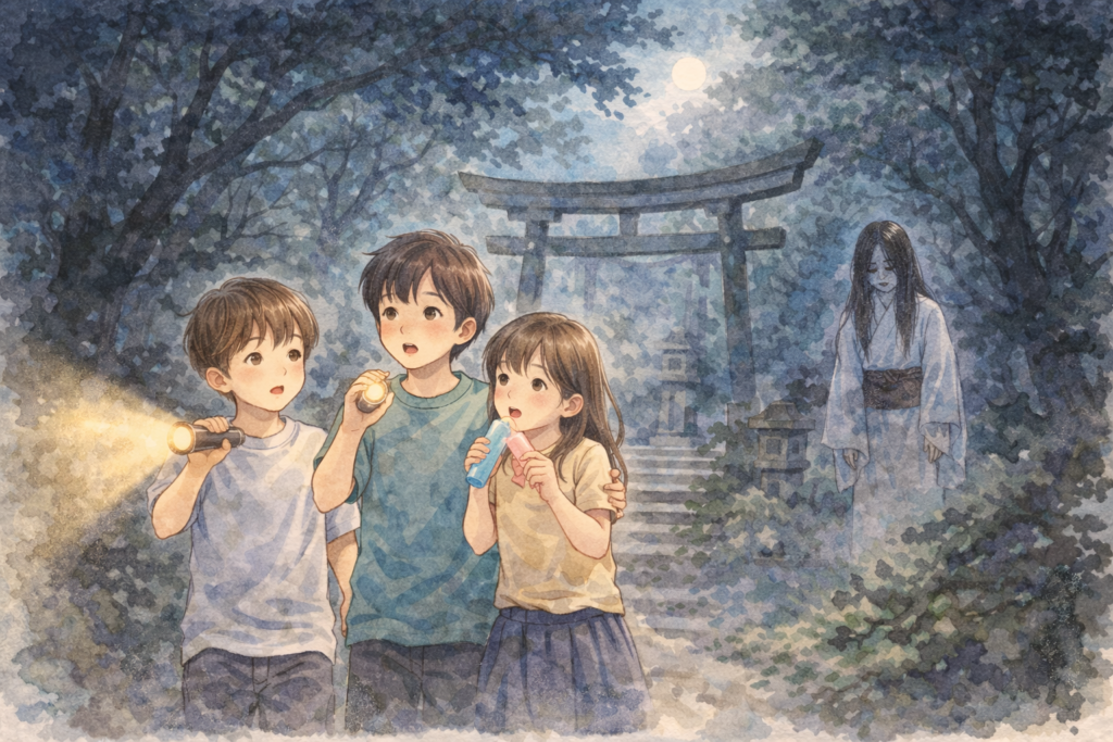 ３人の子供たちが神社で肝試しをしているイラスト※後ろの幽霊っぽいのは幽霊に扮した人間です