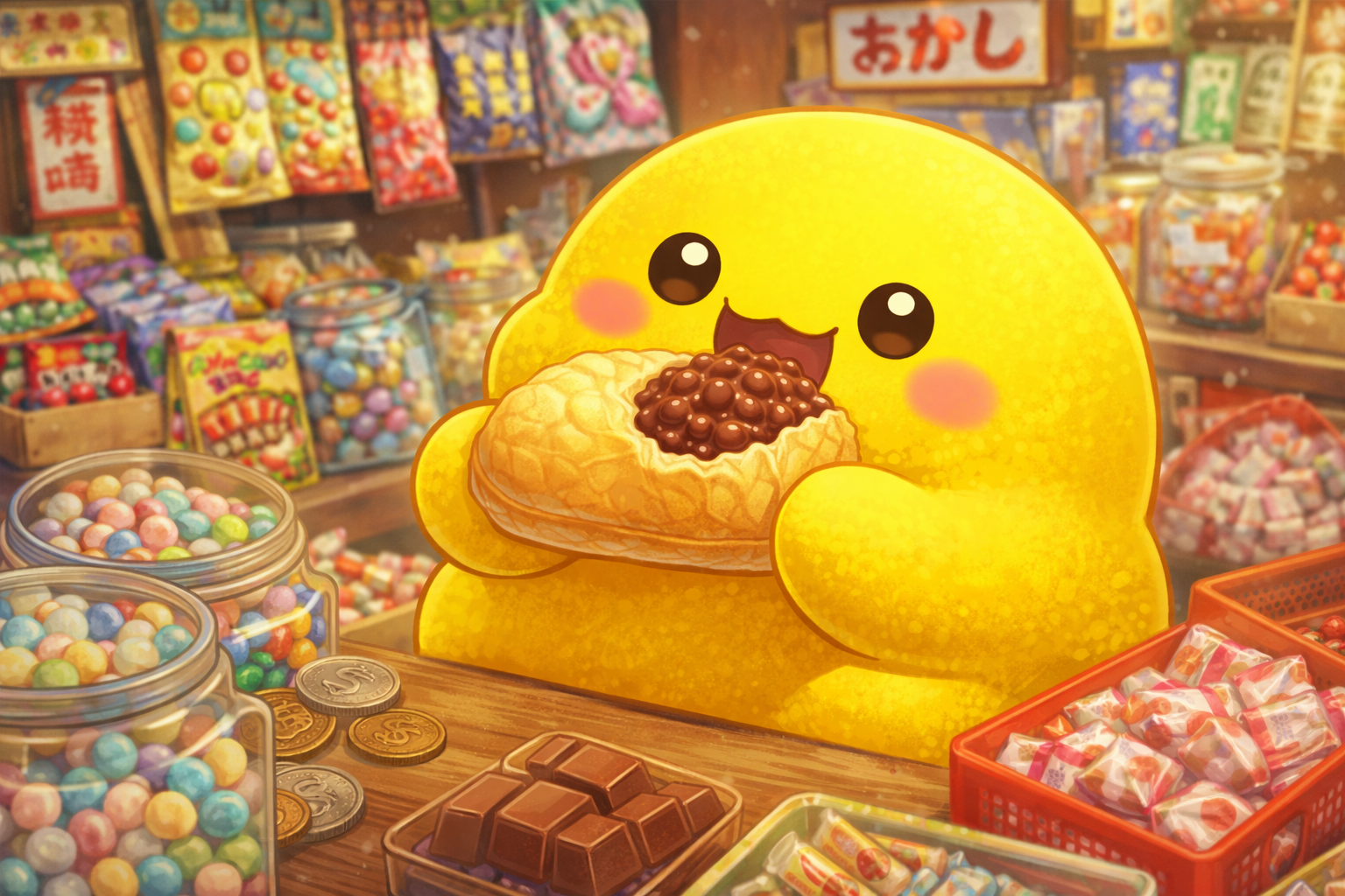 黄色いキャラが駄菓子屋でチョコ最中食べてる