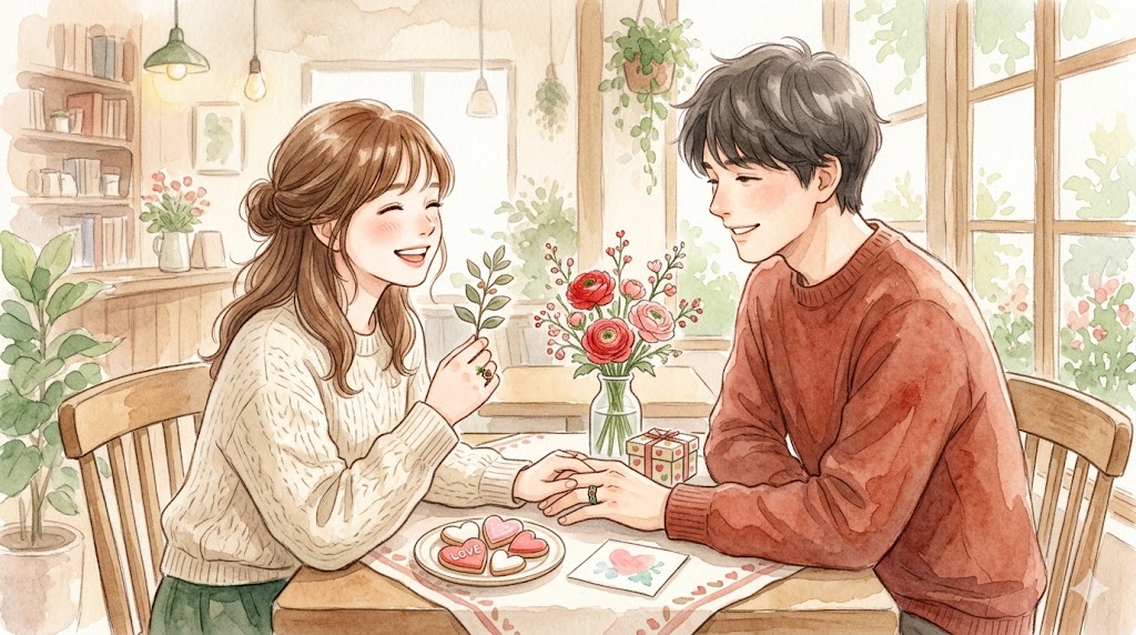 指輪をはめてバレンタインを楽しんでいる夫婦のイメージイラスト