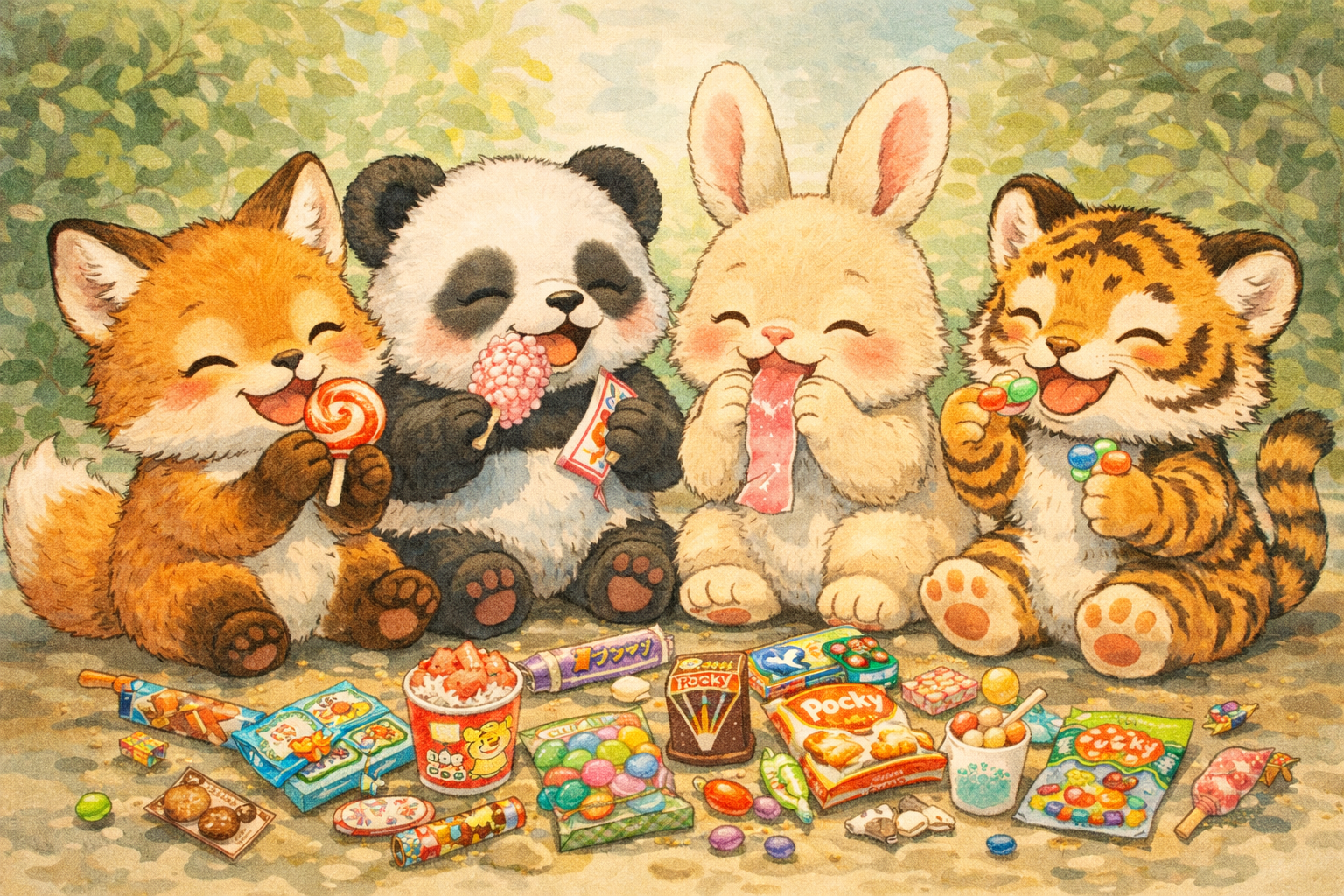 お菓子を食べる動物の子供たち