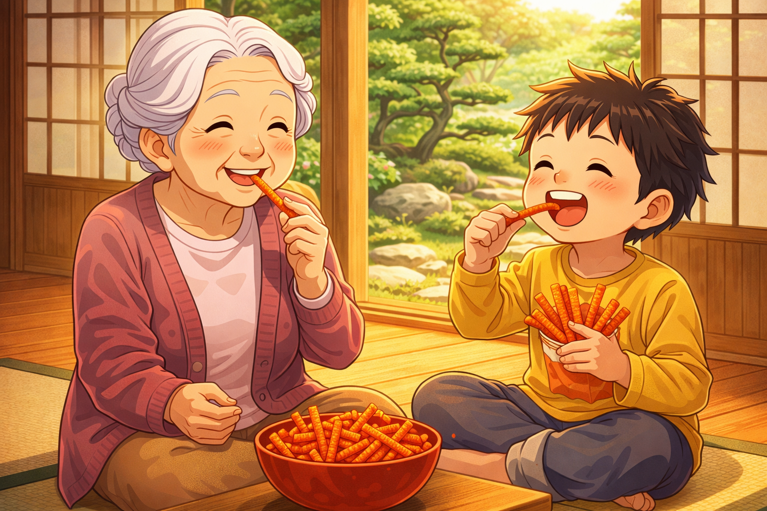 おばあさんと孫がお菓子を食べている