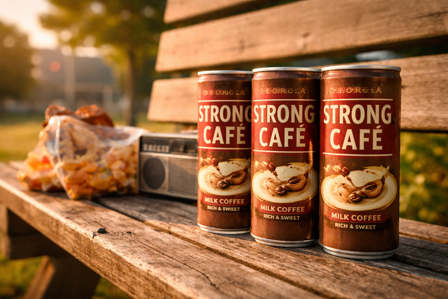 木製のベンチに缶コーヒー