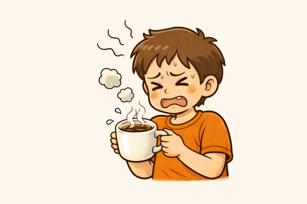 コーヒーを飲んで不味そうな顔をしている少年
