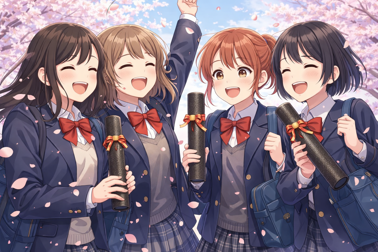 桜の木の下で操業祝いしている女子高生たち