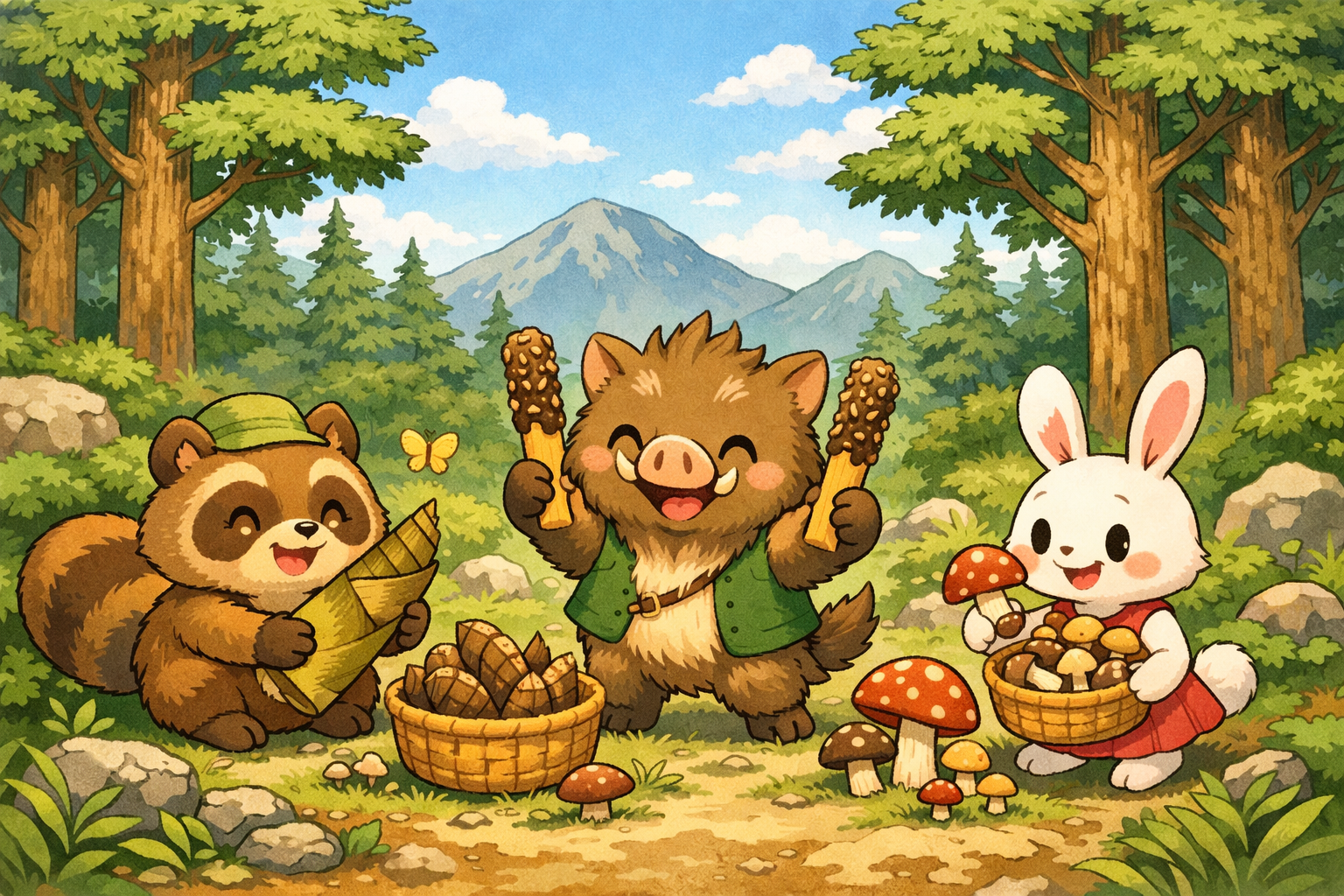 杉山で狸、猪、兎のキャラが筍きのこ狩りしてる