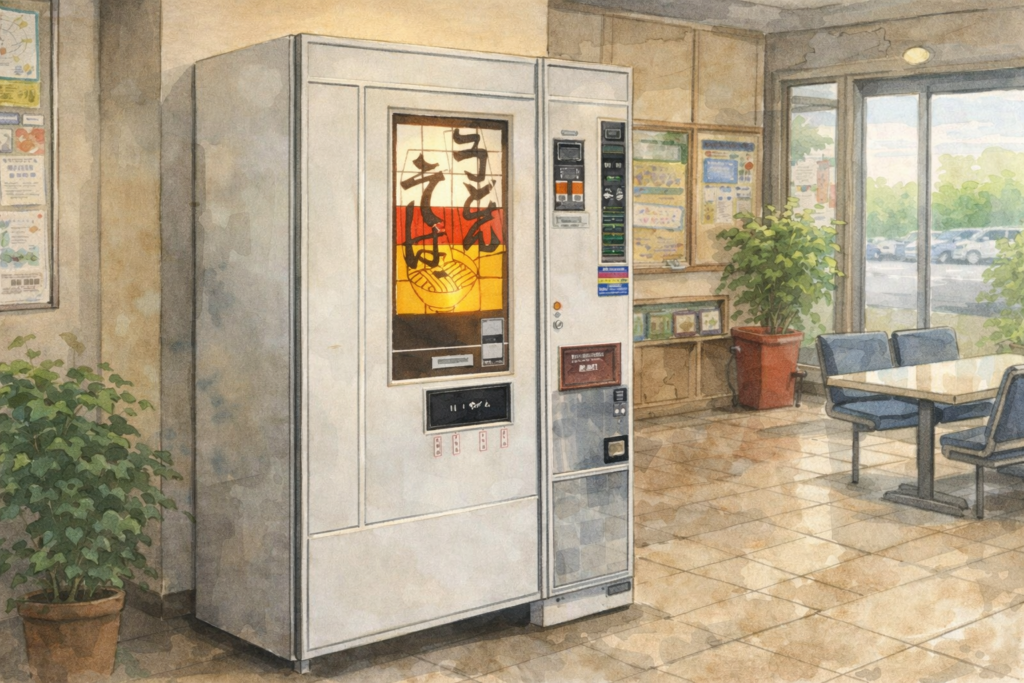昭和レトロなうどん・そば自動販売機があるドライブインのイラスト