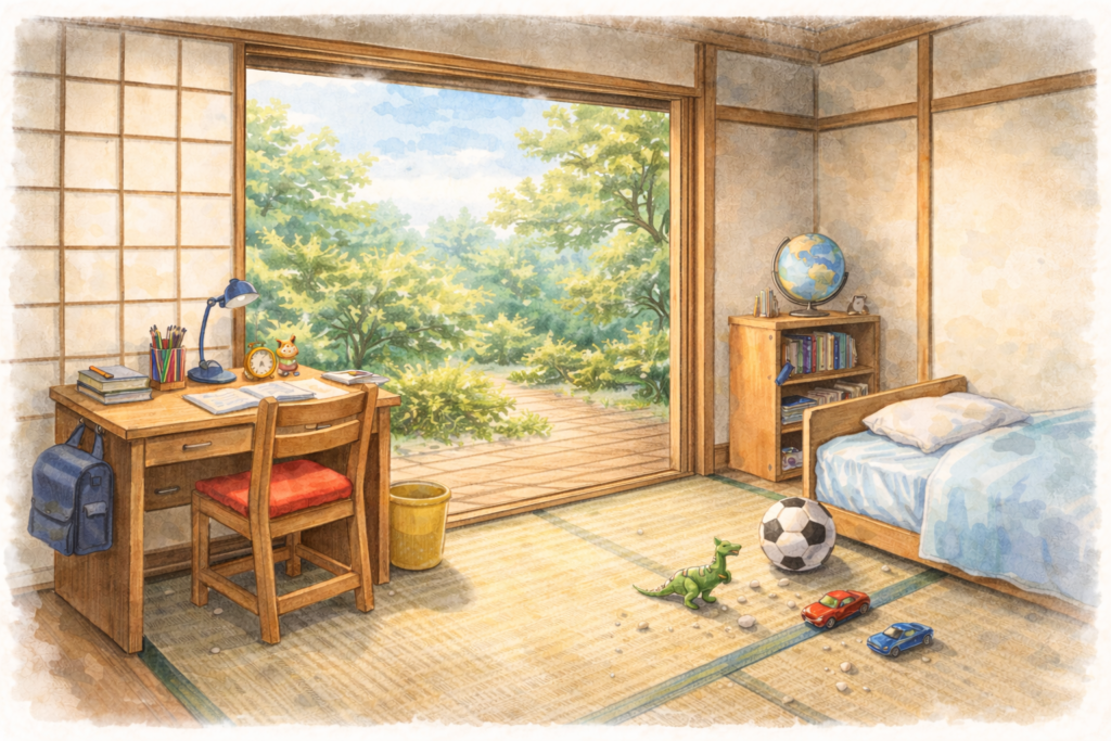 縁側の近くにある子供部屋の水彩画風画像