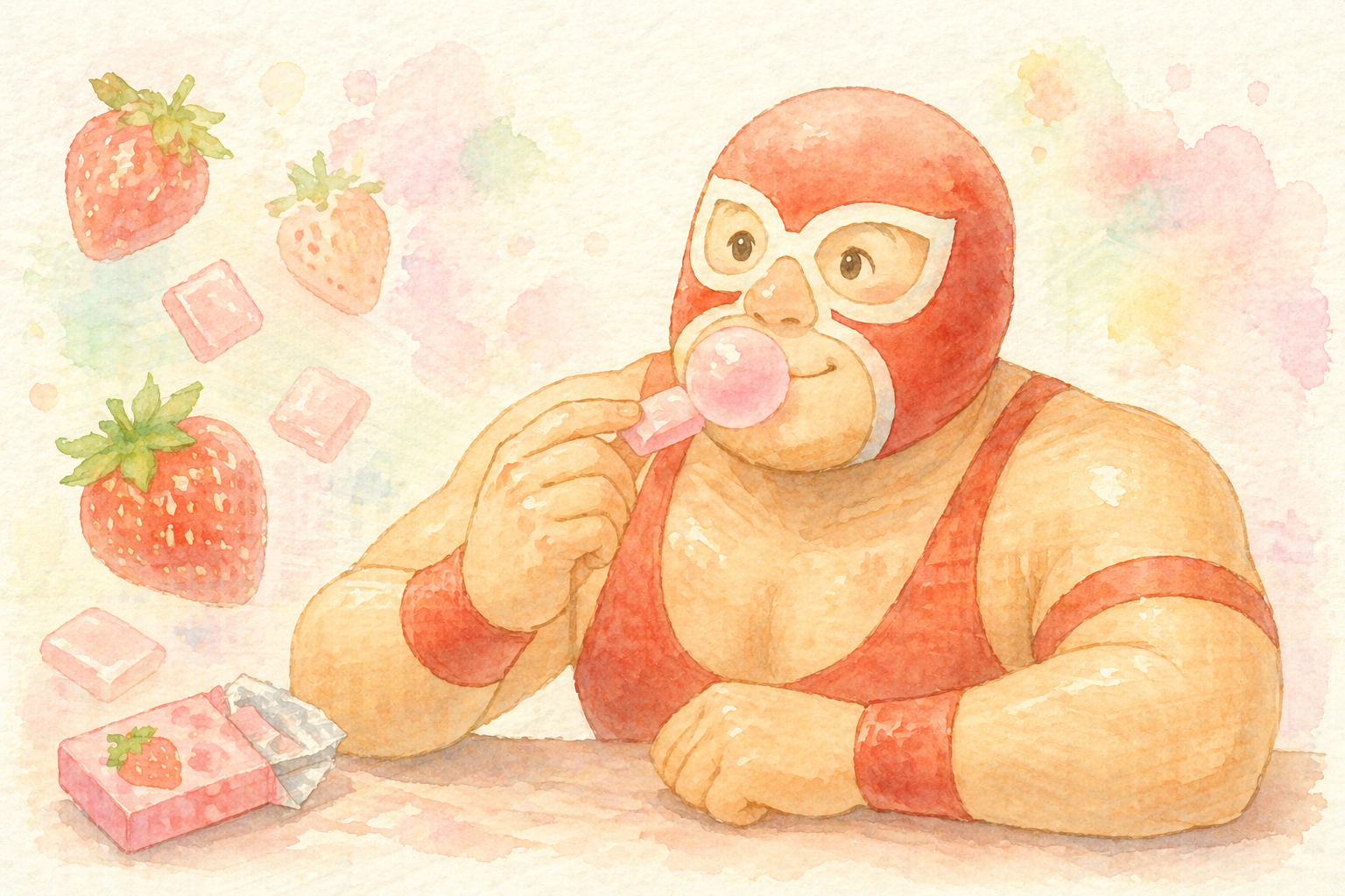 覆面レスラーがいちごガムを食べてるイラスト