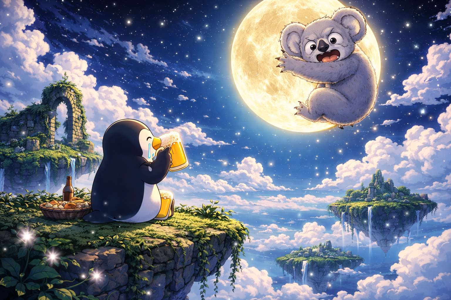 空に浮く島でペンギンがビール飲んで月にしがみ付くコアラを涙ぐみながら眺めてる