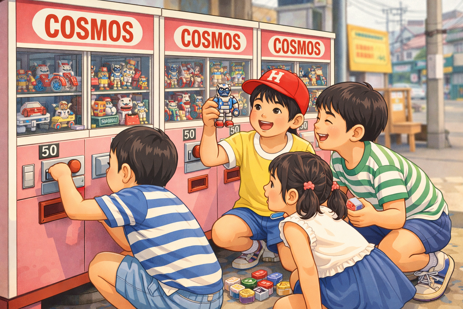 コスモスの自販機（イメージ）で遊ぶ子供たち