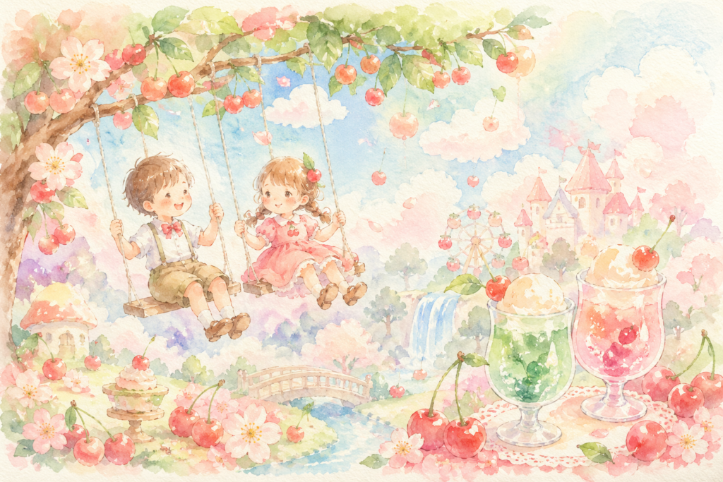 さくらんぼの詩とクリームソーダをメルヘン風にイメージした画像