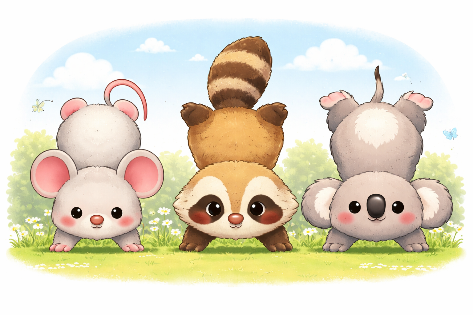 ねずみ、タヌキ、コアラが逆立ちしているイラスト