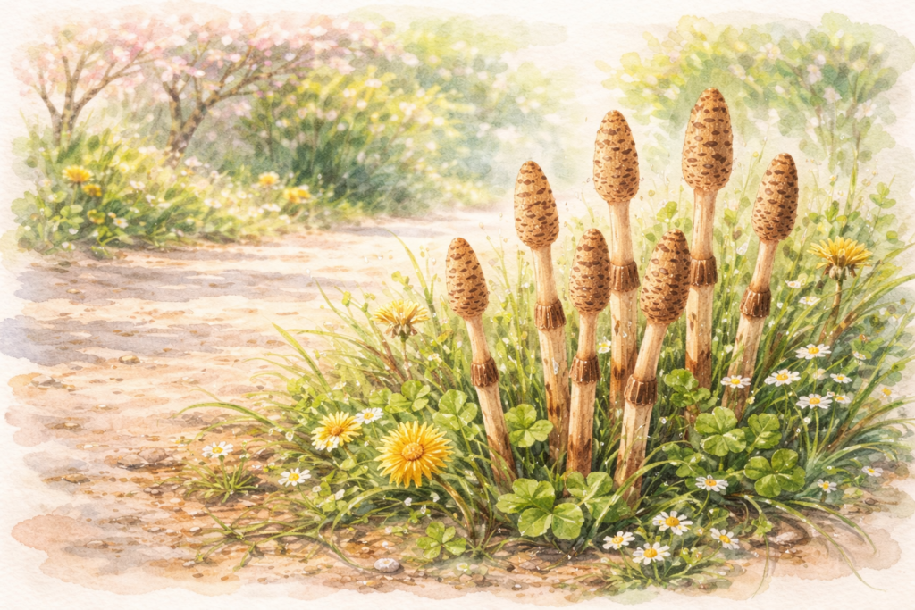 道に生えているつくしのイメージ画像