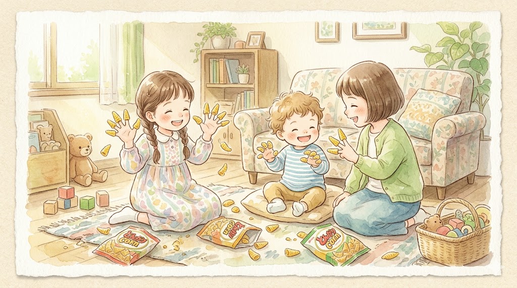 とんがりコーンを指に嵌めて遊ぶ子供たちのイラスト