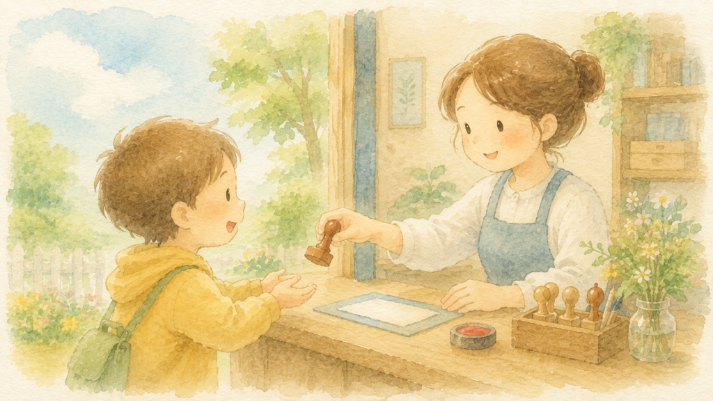 子供がハンコをもらっているイラスト