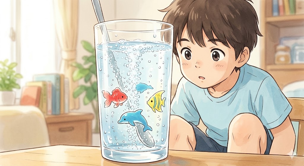 コップの中に入ったソーダ水の中に魚が泳いでる。それを見ている少年の絵。プカポンのイメージ