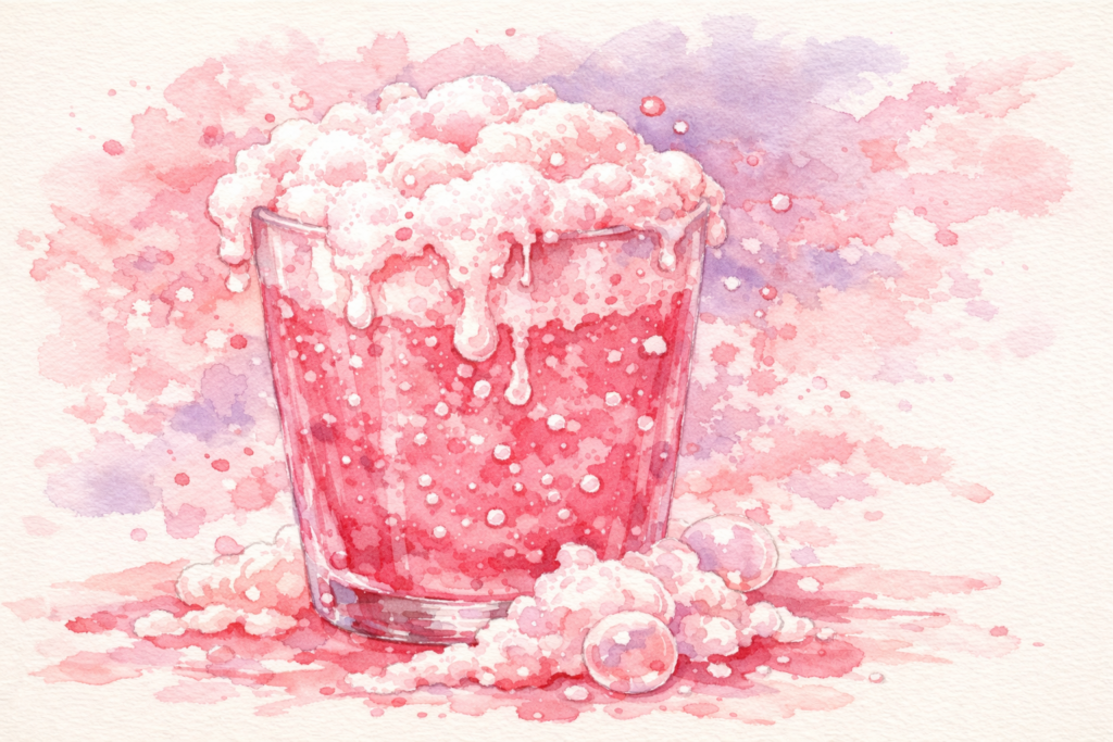 ピンクのソーダ水の泡があふれ出しているイメージの画像