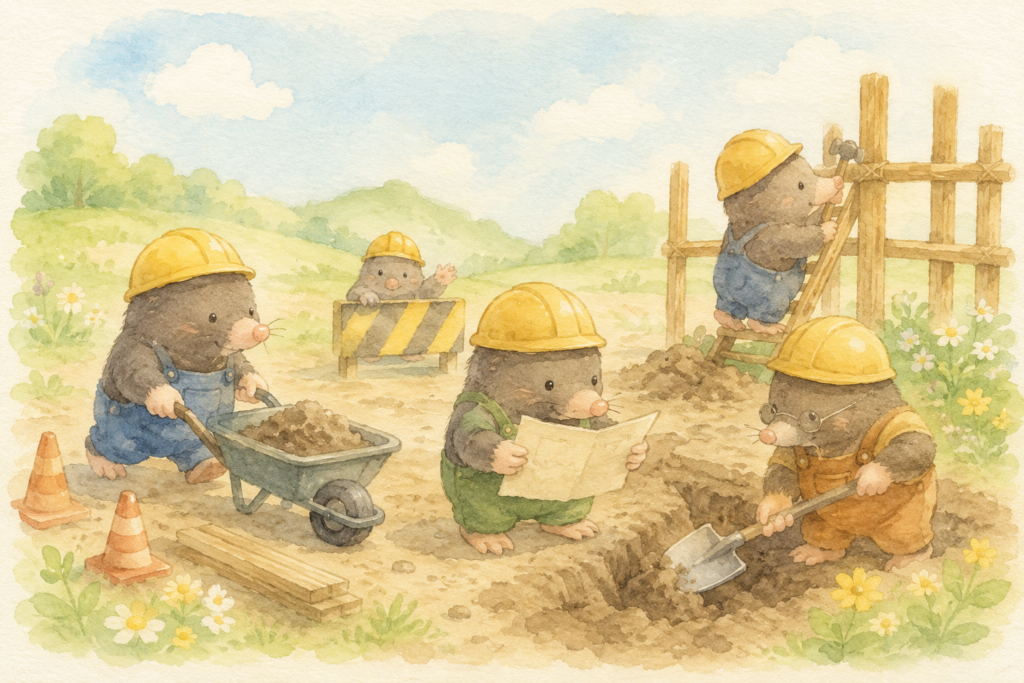 モグラたちが工事をしているイラスト