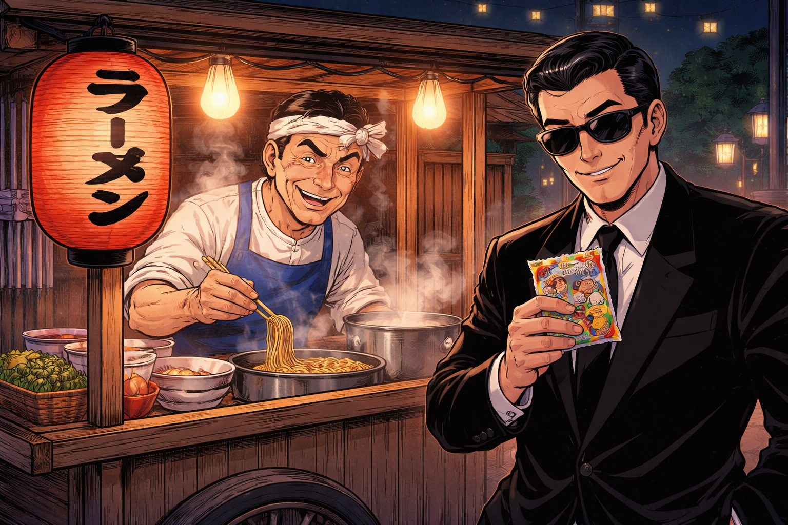 ラーメンの屋台の親父と来るスーツサングラスの男