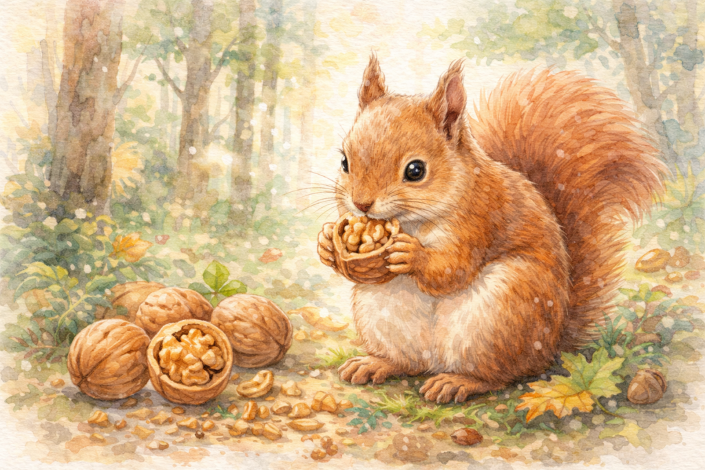 リスが森でくるみを食べている水彩画風イラスト