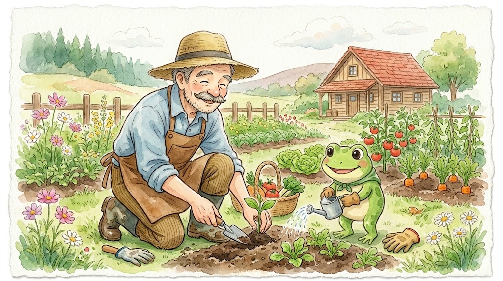 麦わら帽子を被ったおじさんとカエルのキャラクターが農作業をしている画像