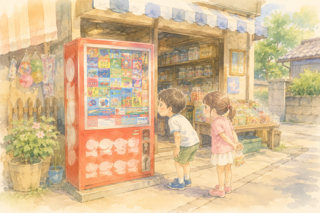 昭和レトロなコスモスの赤いカプセル玩具自動販売機のイラスト