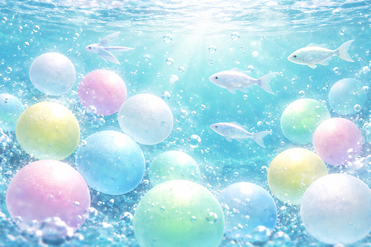 丸いラムネが浮くソーダ水の中を泳ぐ魚