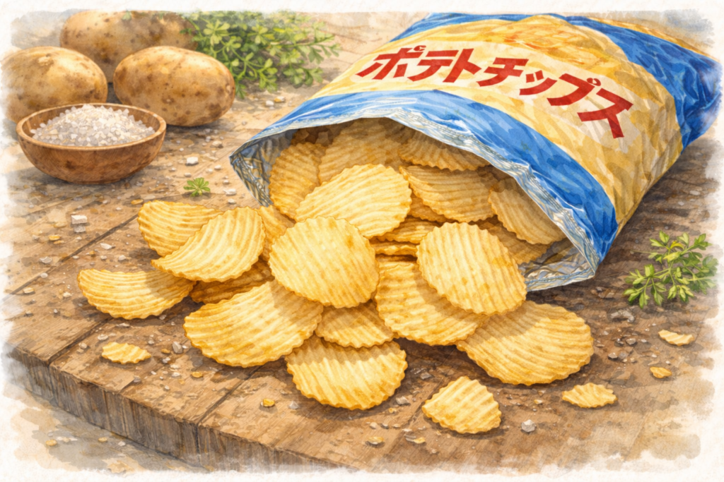 ギザギザタイプのポテトチップの水彩画風画像