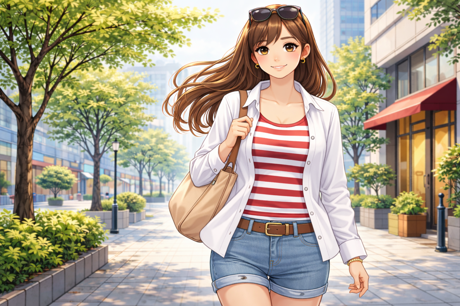 オシャレなボーダーシャツを着て街を歩く女性