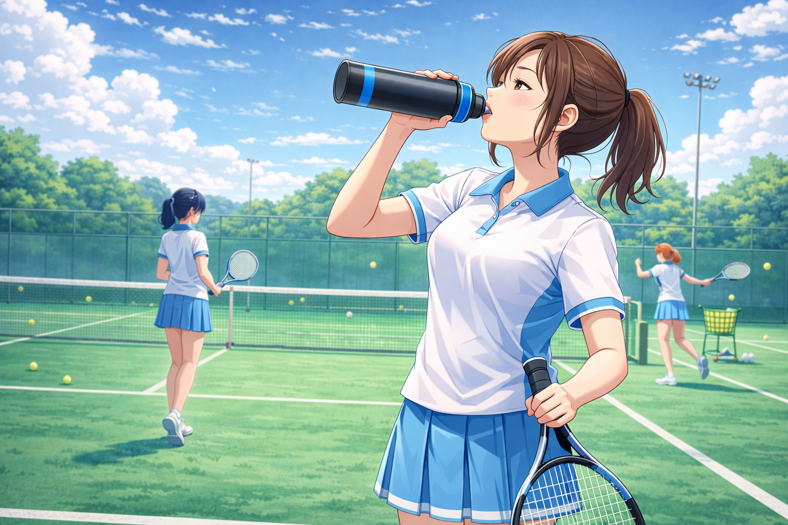 テニスの部活中、水筒でドリンクを飲む女性