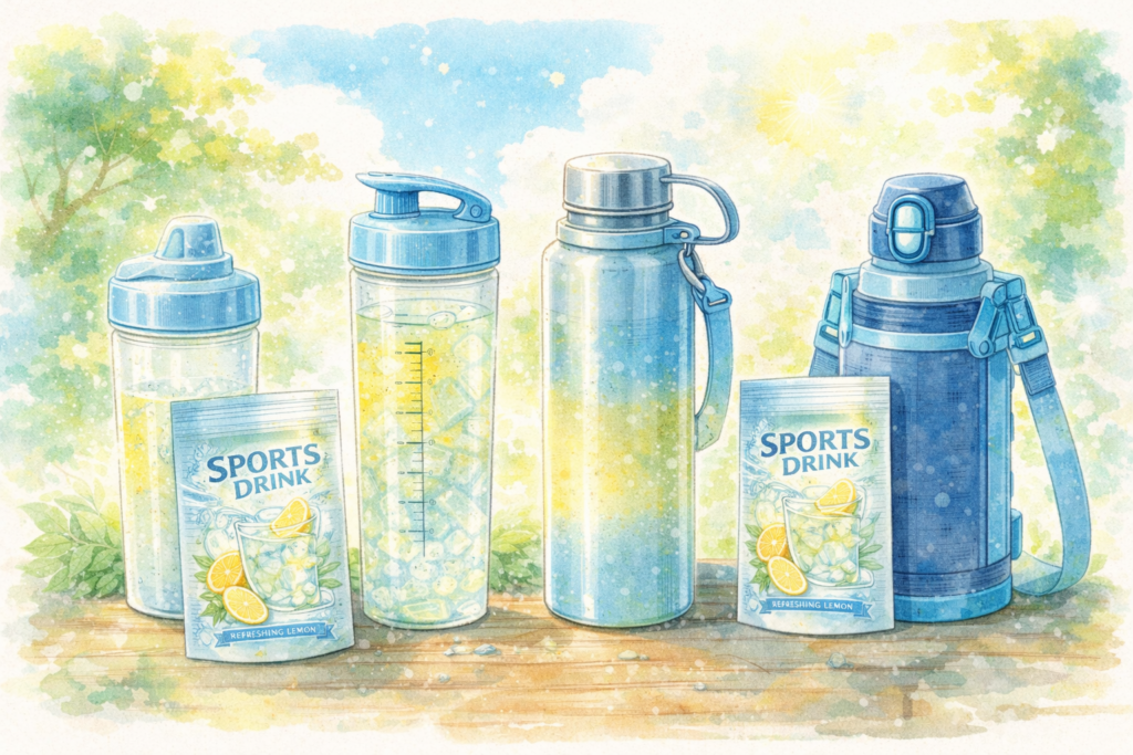 色々なタイプの水筒をイメージしたイラスト