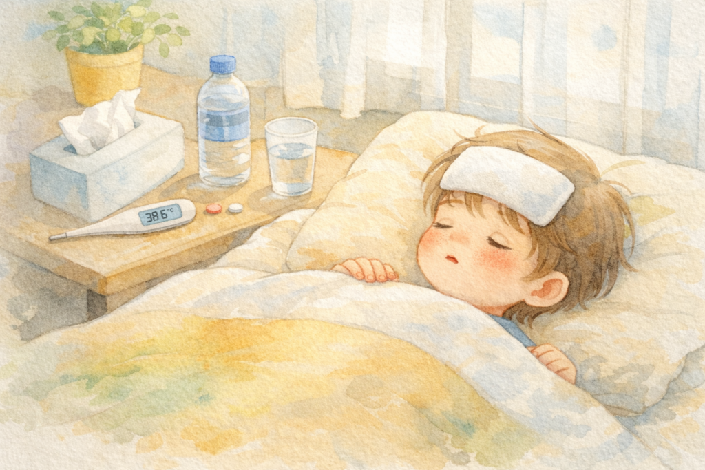 風邪で寝込んでいる子供のイラスト