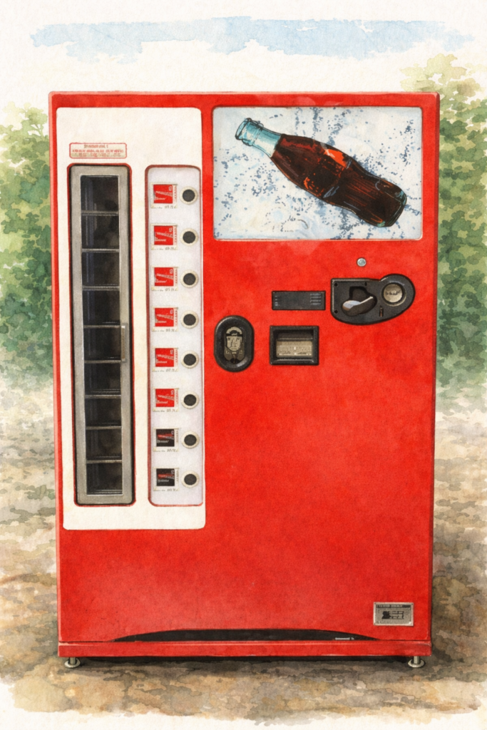 昭和レトロな瓶コーラの自動販売機の水彩画風イラスト