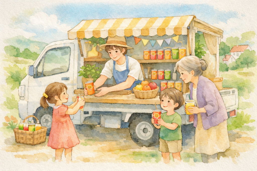 移動販売の軽トラでジュースを配っている絵