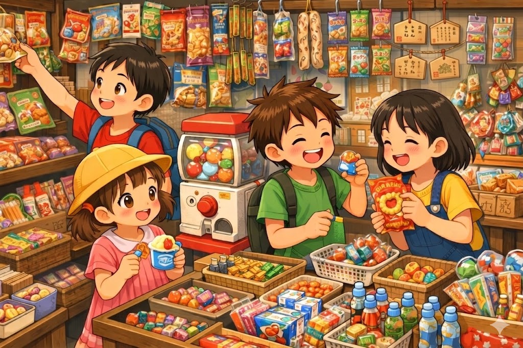 駄菓子屋で買い物を楽しむ子供たち