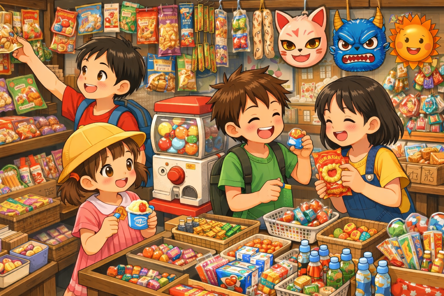 駄菓子屋で買い物を楽しむ子供たち