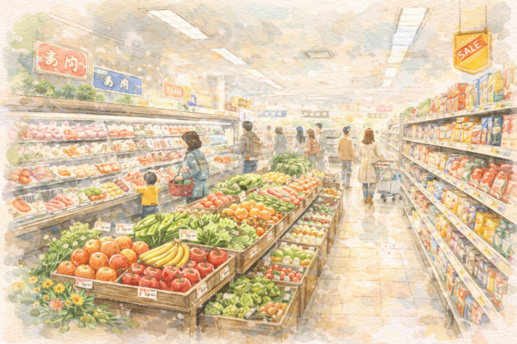 昭和のスーパーをイメージした水彩画イラスト
