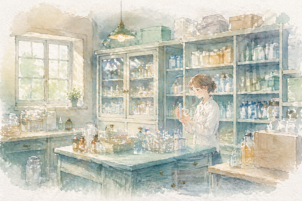 病院の薬品室の水彩画風イメージ
