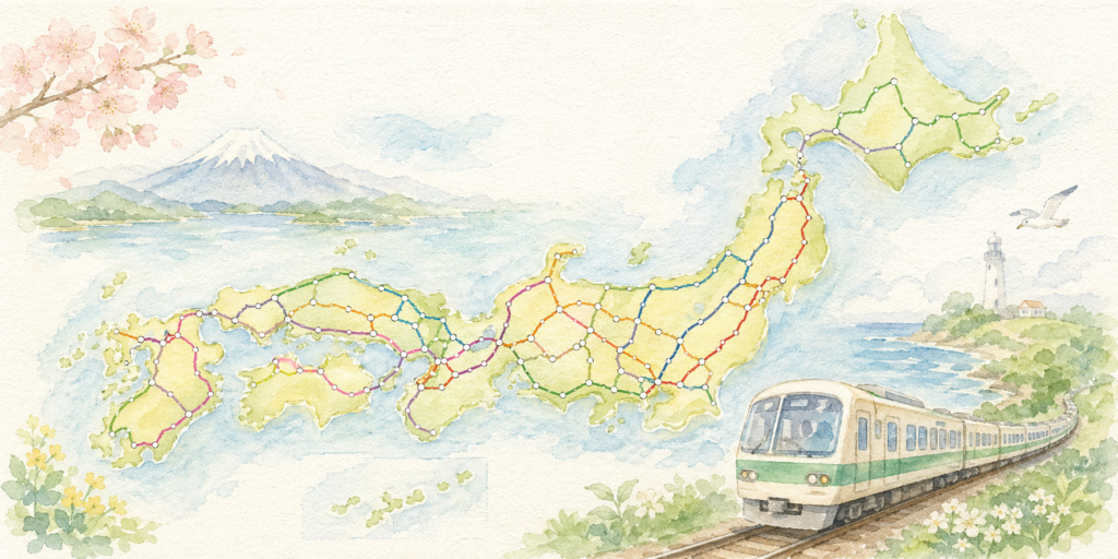 日本地図と鉄道の路線をイメージした画像