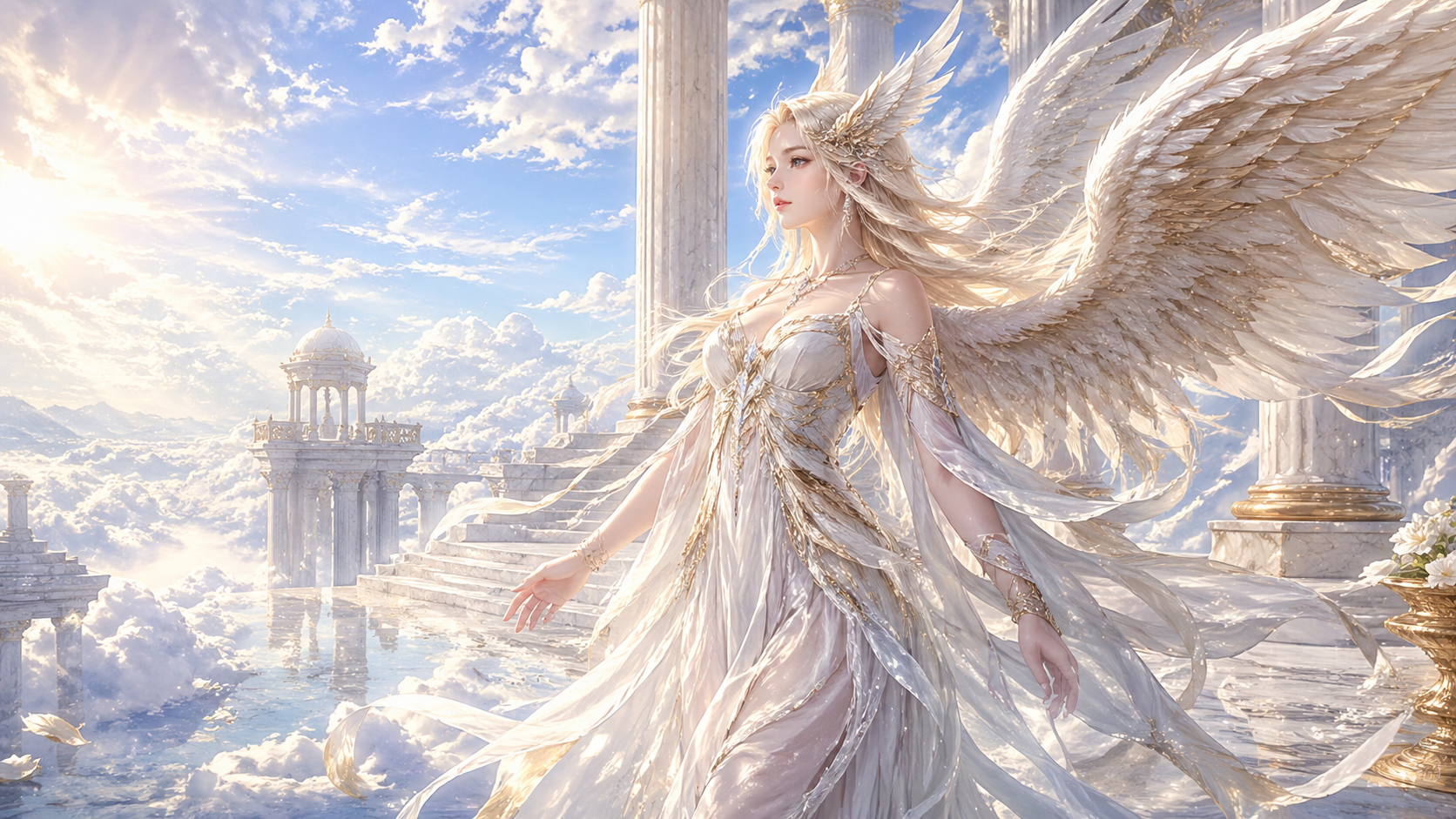 天空の神殿にいる翼の生えた女神のイメージ