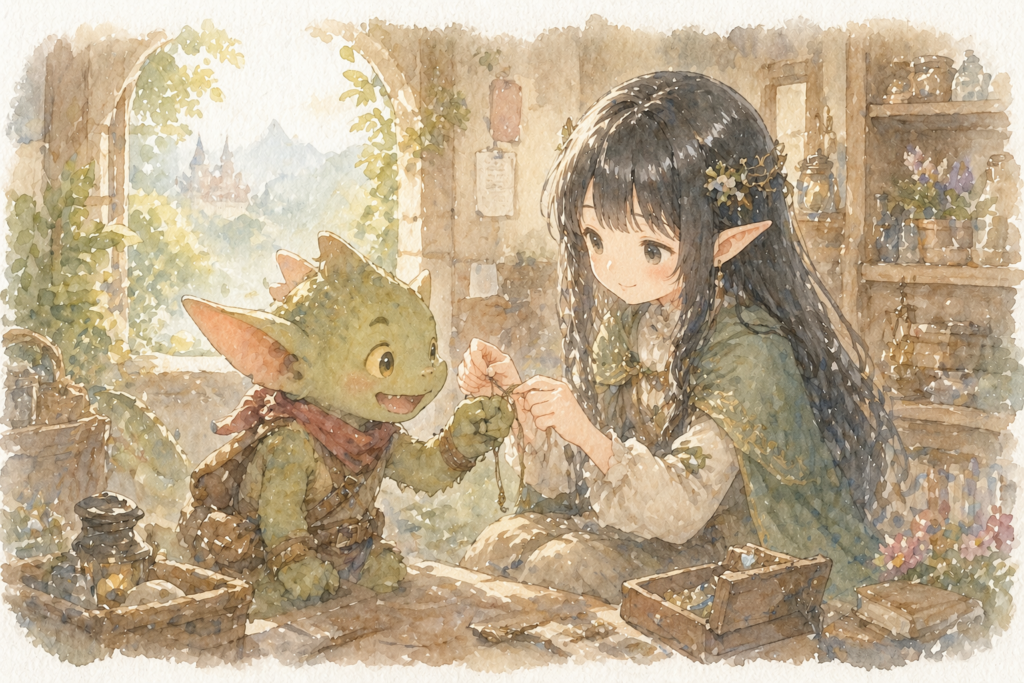 モンスターメーカーをイメージした黒髪のエルフとコボルトの画像