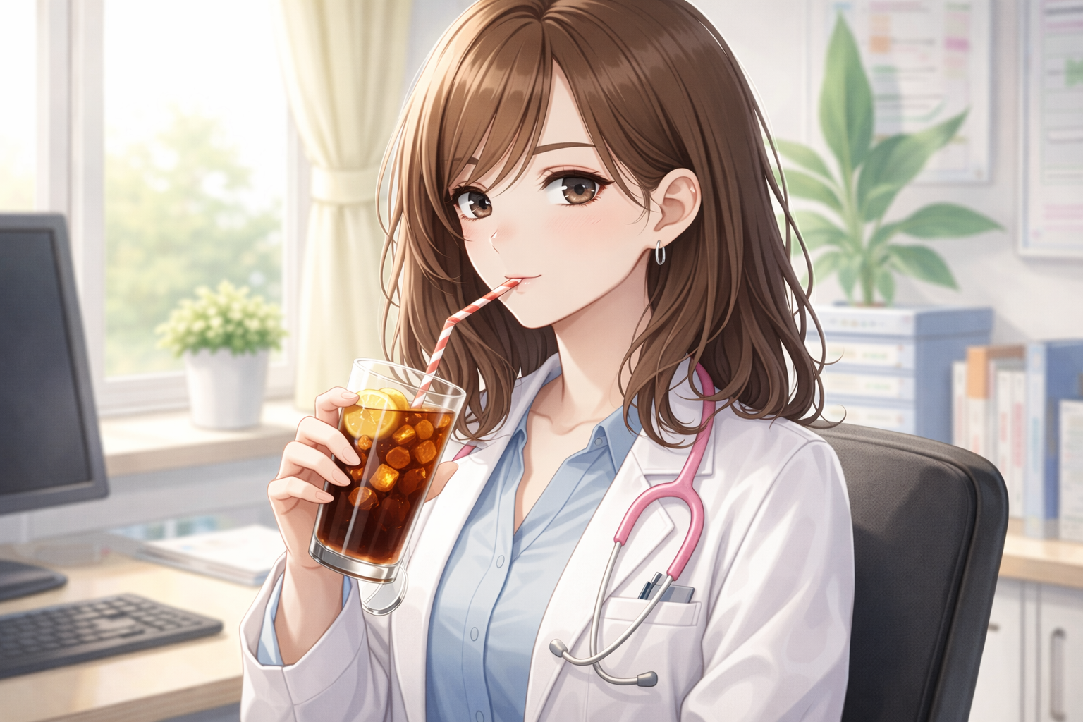 女医がコーラのようなものを飲んでいる画像