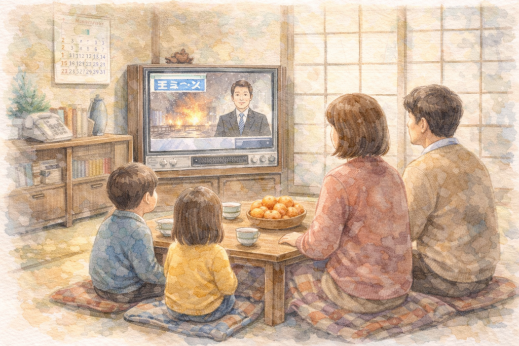 茶の間で家族とニュース報道を見ている水彩画風イラスト