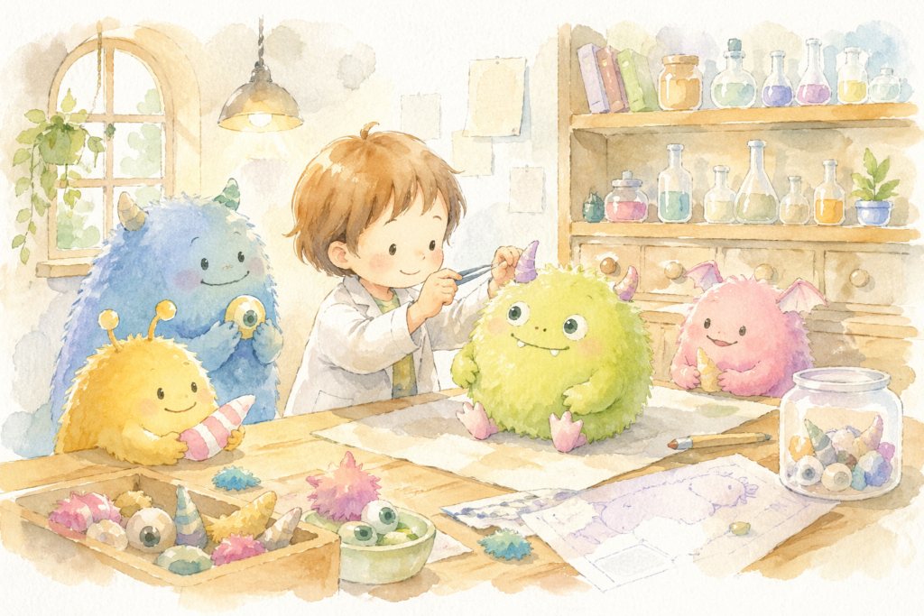 モンスターの人形を作っている少年のイメージ画像