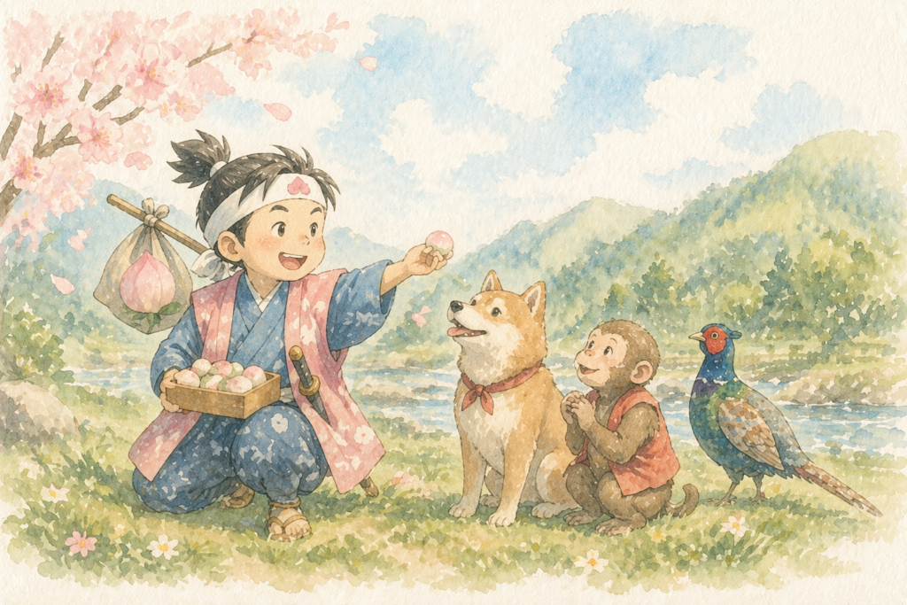 桃太郎がお供の動物たちに吉備団子をあげているイラスト